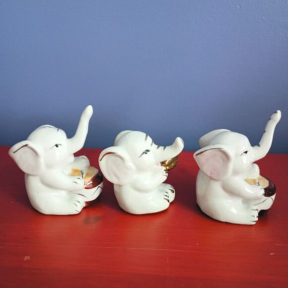 Set of 3 Vintage Elephant Ceramic Porcelain Figurines Playing Drums Japan - Picture 2 of 7